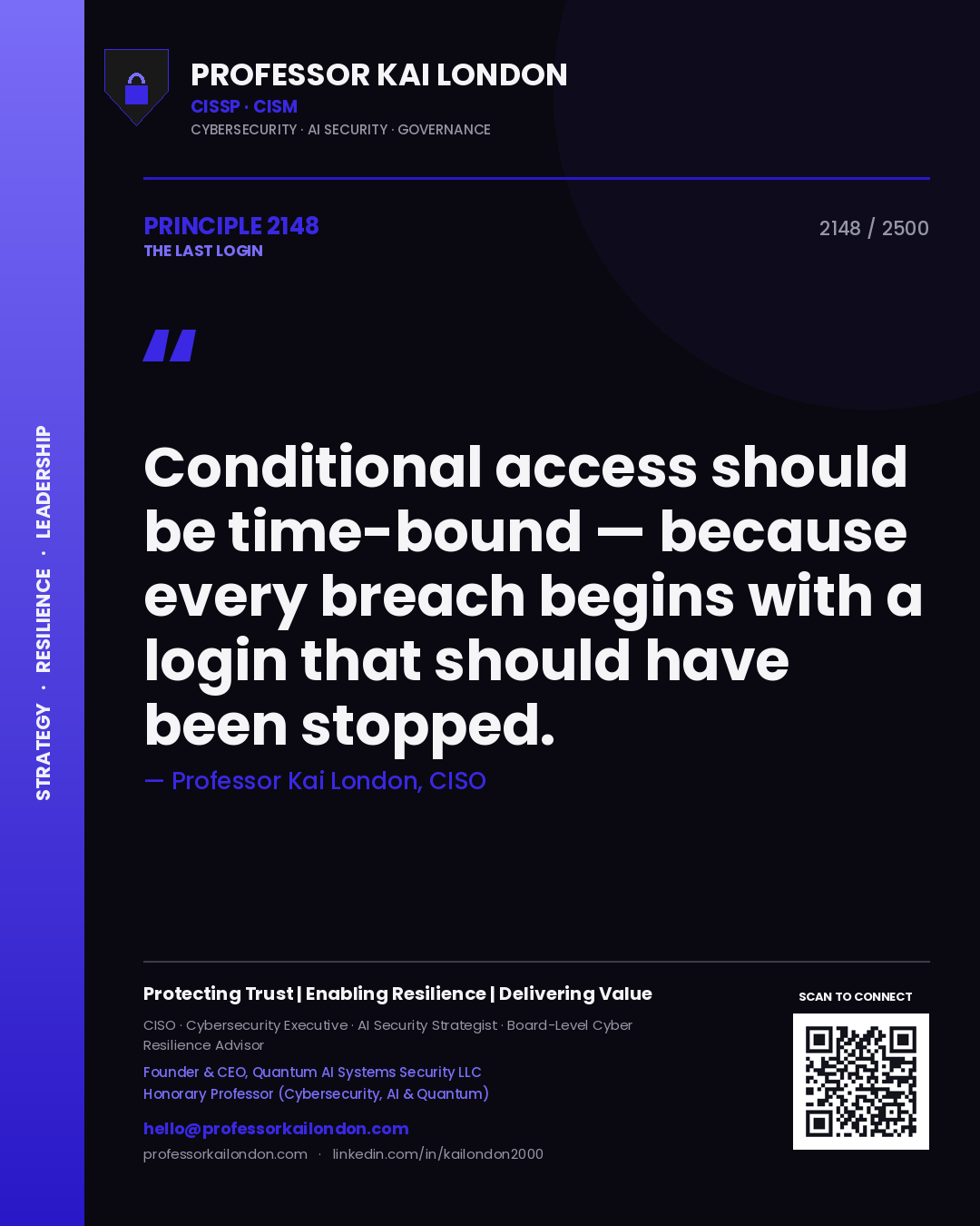 Professor Kai London principle 2148: Conditional access should be time-bound — because every breach begins with a login that should have been stopped.