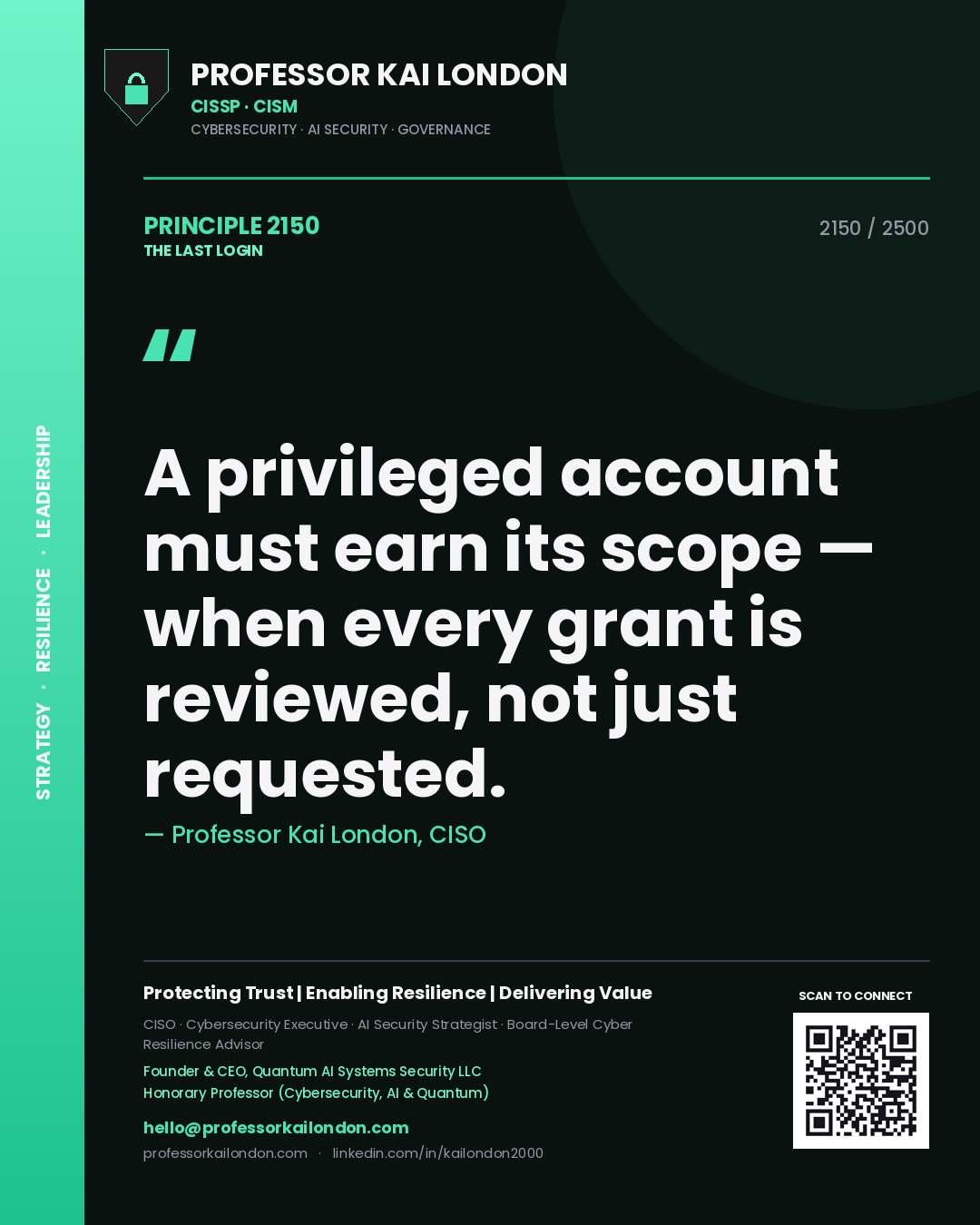 Professor Kai London principle 2150: A privileged account must earn its scope — when every grant is reviewed, not just requested.
