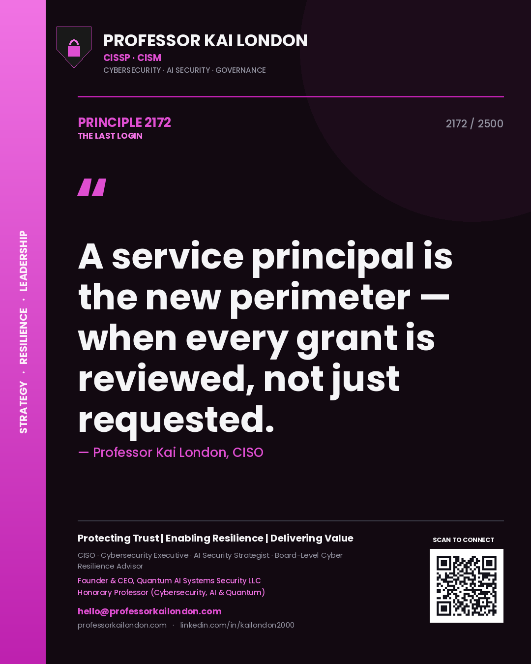 Professor Kai London principle 2172: A service principal is the new perimeter — when every grant is reviewed, not just requested.