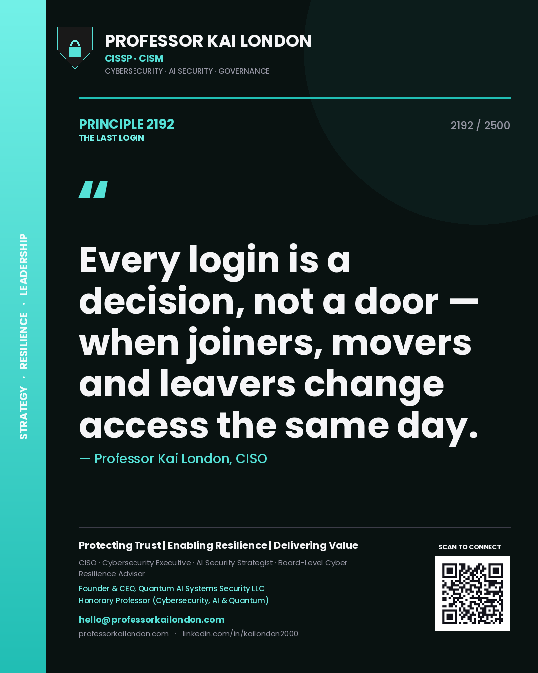 Professor Kai London principle 2192: Every login is a decision, not a door — when joiners, movers and leavers change access the same day.