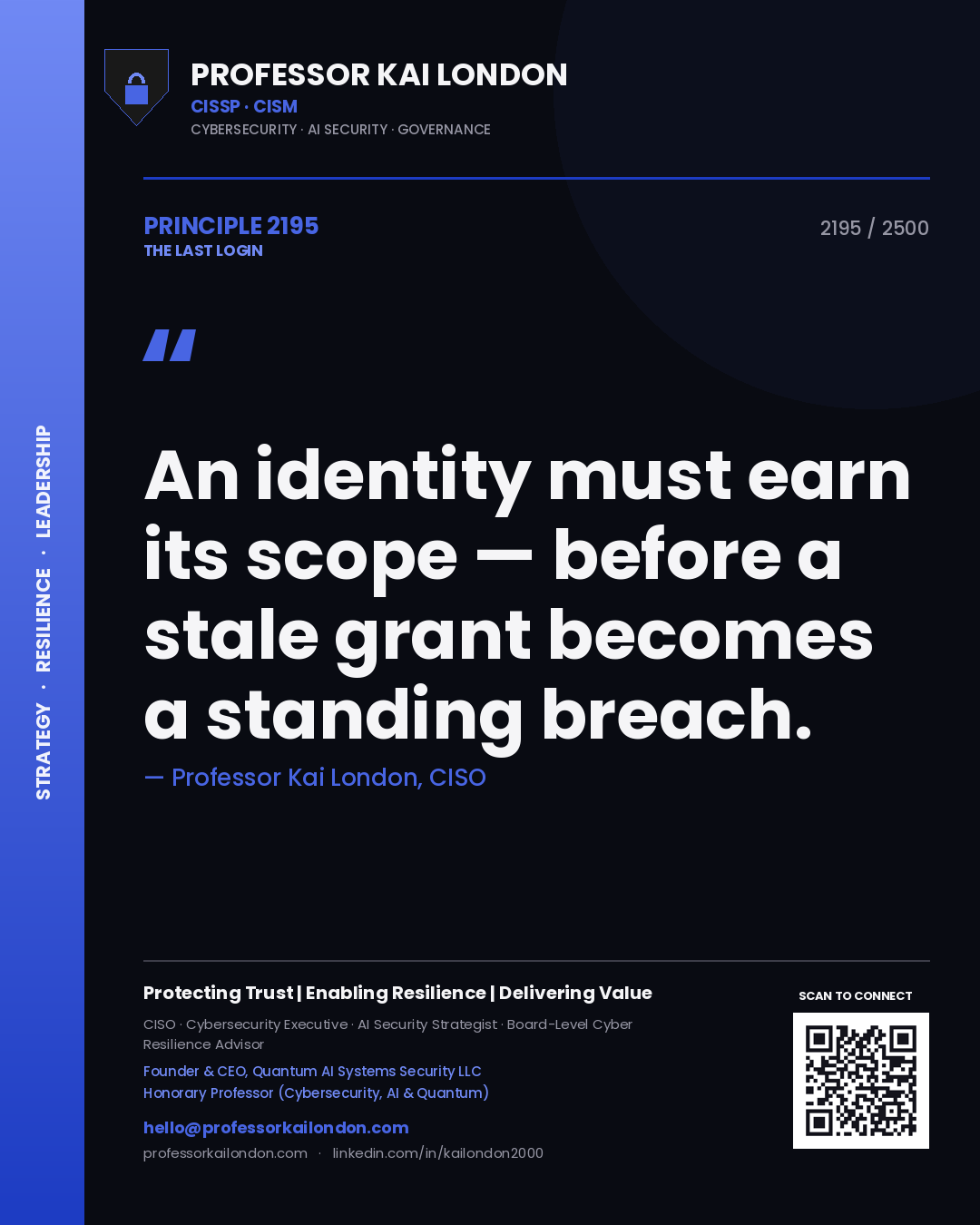 Professor Kai London principle 2195: An identity must earn its scope — before a stale grant becomes a standing breach.