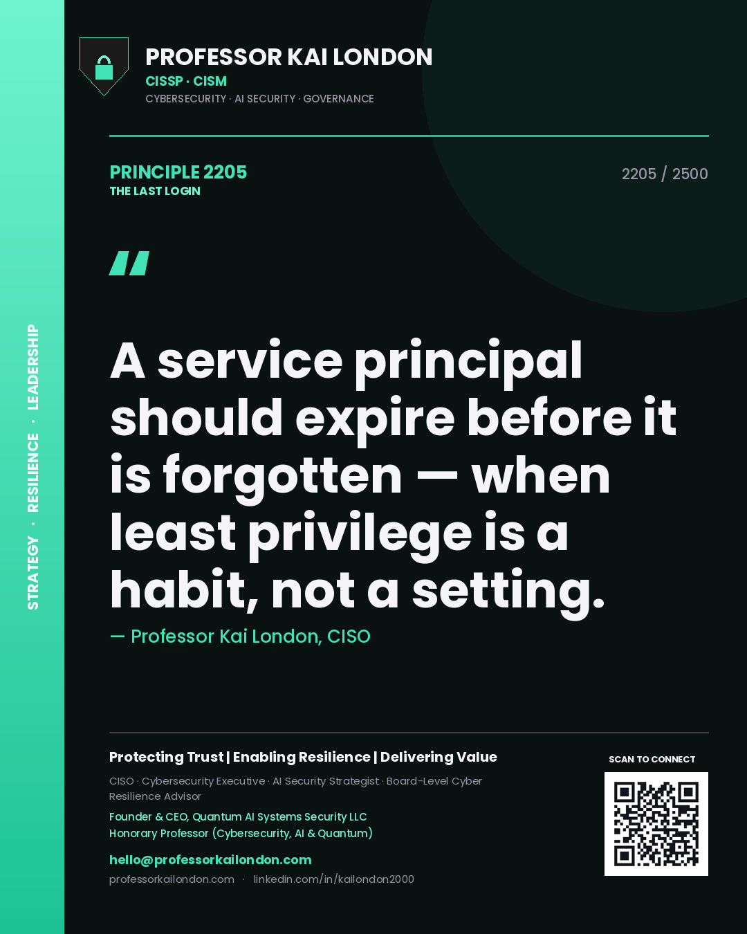 Professor Kai London principle 2205: A service principal should expire before it is forgotten — when least privilege is a habit, not a setting.