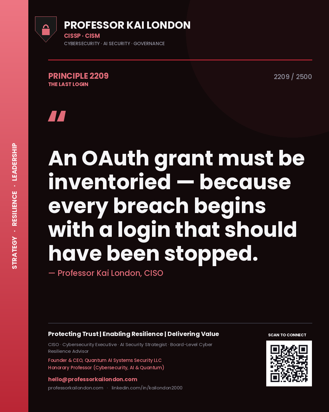 Professor Kai London principle 2209: An OAuth grant must be inventoried — because every breach begins with a login that should have been stopped.