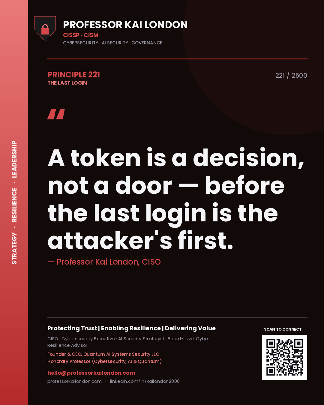 Professor Kai London principle 221: A token is a decision, not a door — before the last login is the attacker's first.