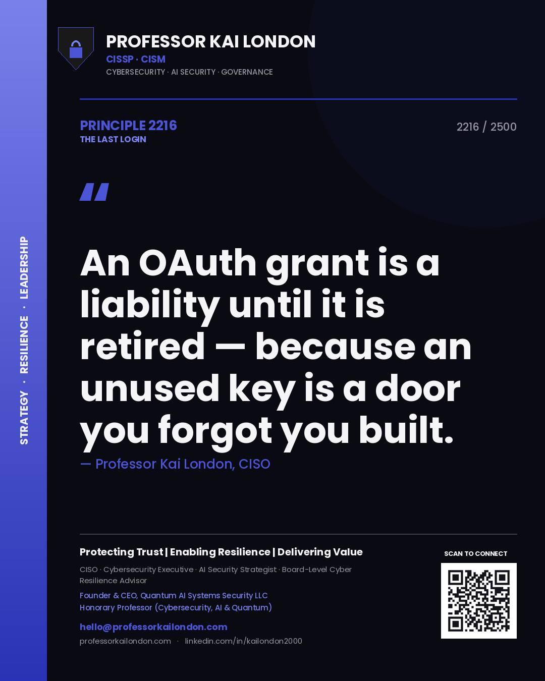 Professor Kai London principle 2216: An OAuth grant is a liability until it is retired — because an unused key is a door you forgot you built.
