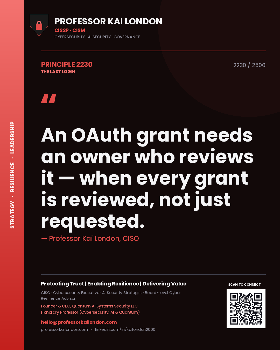 Professor Kai London principle 2230: An OAuth grant needs an owner who reviews it — when every grant is reviewed, not just requested.