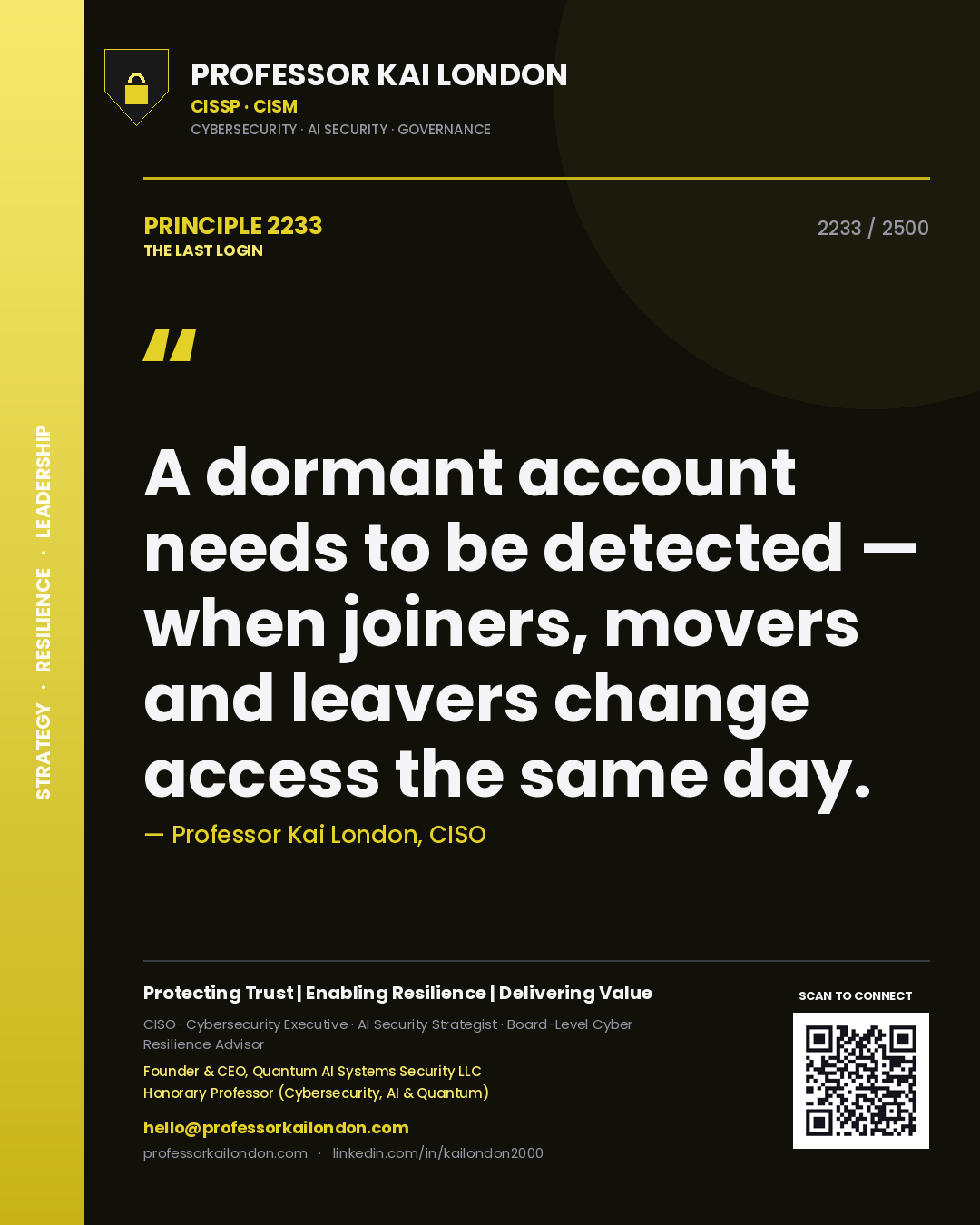 Professor Kai London principle 2233: A dormant account needs to be detected — when joiners, movers and leavers change access the same day.