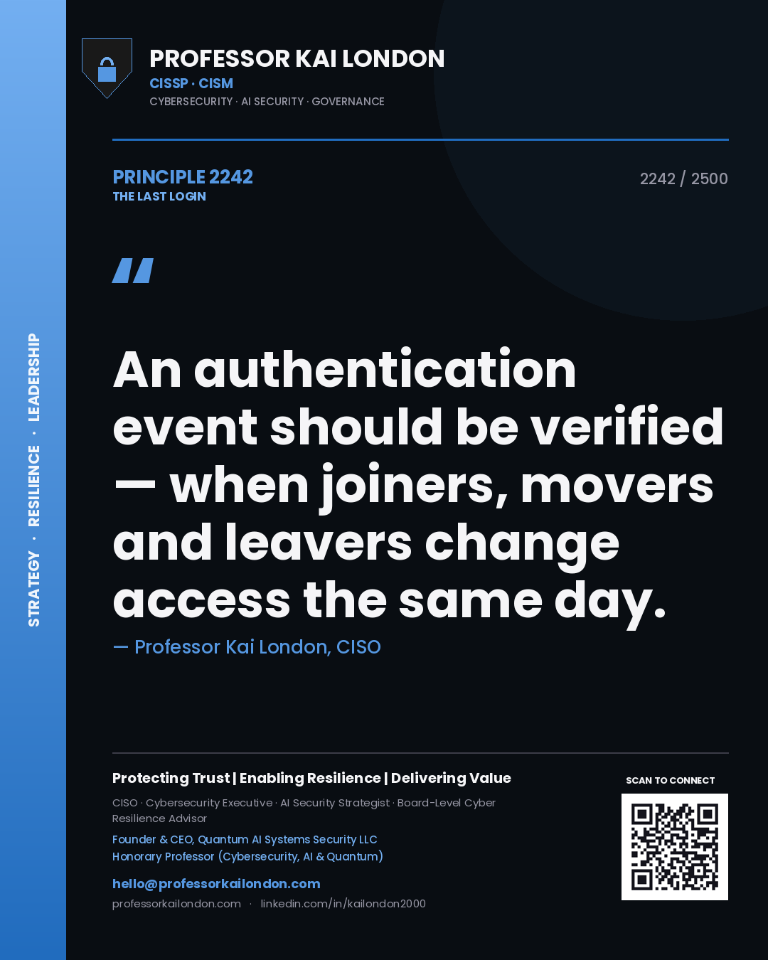 Professor Kai London principle 2242: An authentication event should be verified — when joiners, movers and leavers change access the same day.