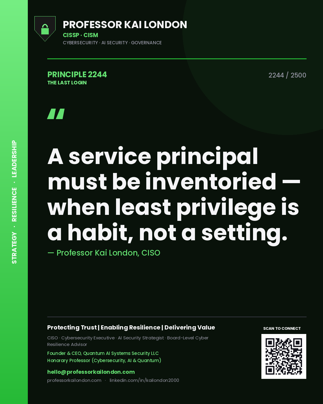 Professor Kai London principle 2244: A service principal must be inventoried — when least privilege is a habit, not a setting.