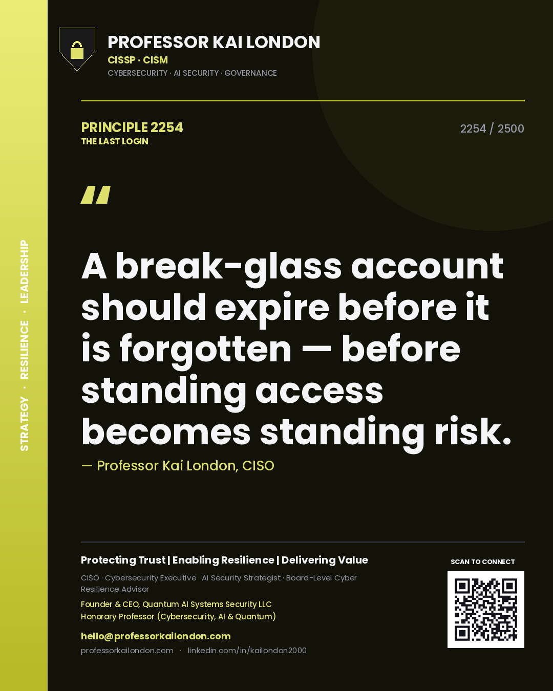 Professor Kai London principle 2254: A break-glass account should expire before it is forgotten — before standing access becomes standing risk.