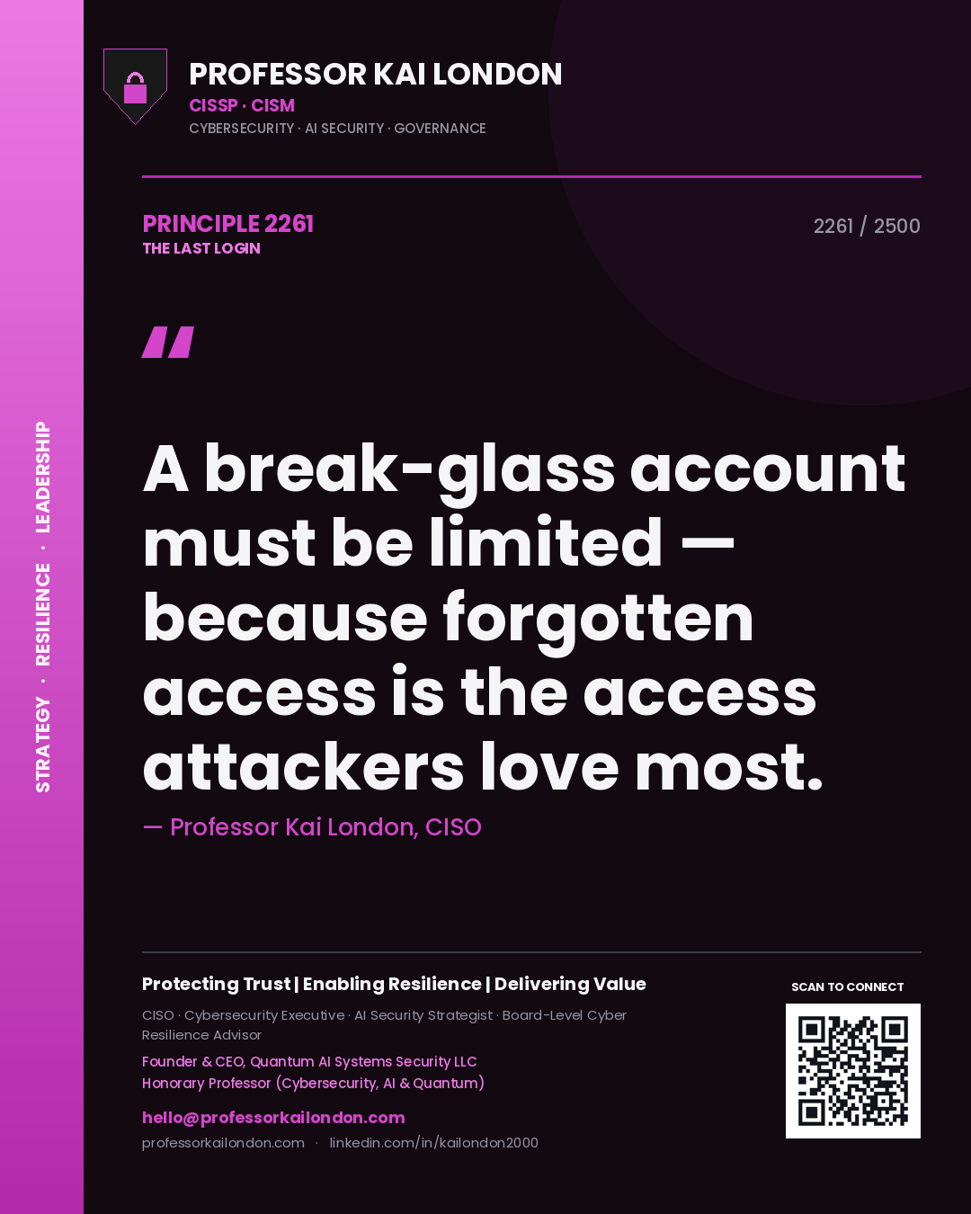 Professor Kai London principle 2261: A break-glass account must be limited — because forgotten access is the access attackers love most.