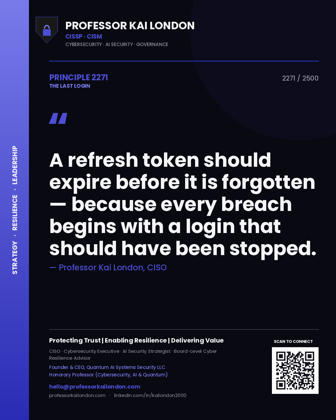 Professor Kai London principle 2271: A refresh token should expire before it is forgotten — because every breach begins with a login that should have been stopped.