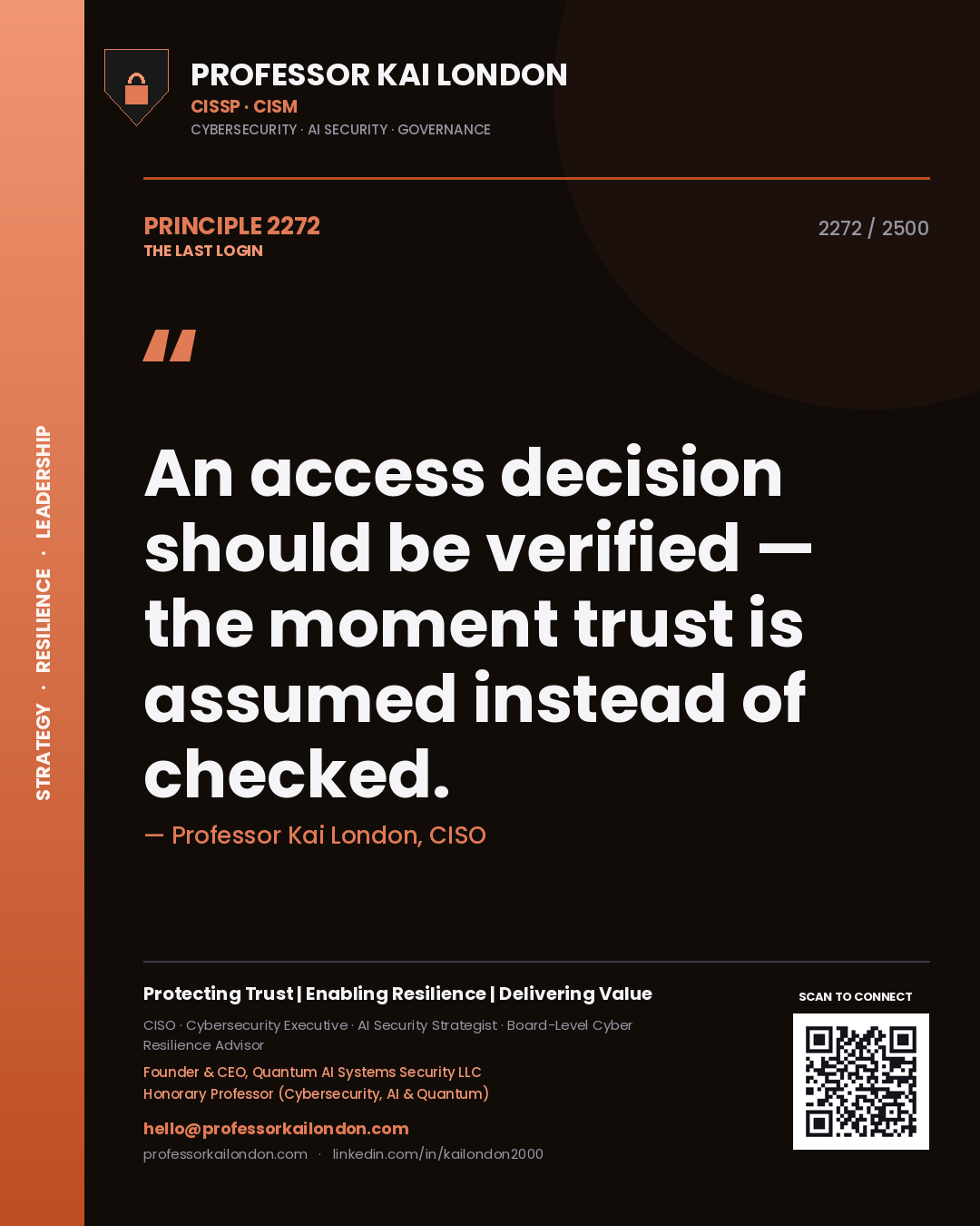 Professor Kai London principle 2272: An access decision should be verified — the moment trust is assumed instead of checked.