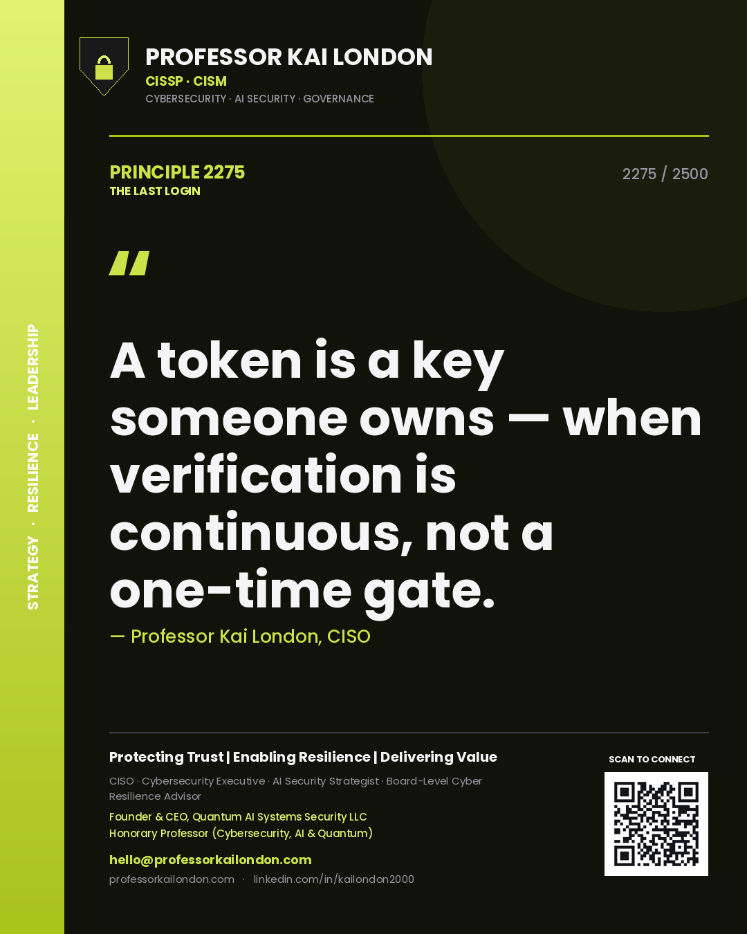 Professor Kai London principle 2275: A token is a key someone owns — when verification is continuous, not a one-time gate.
