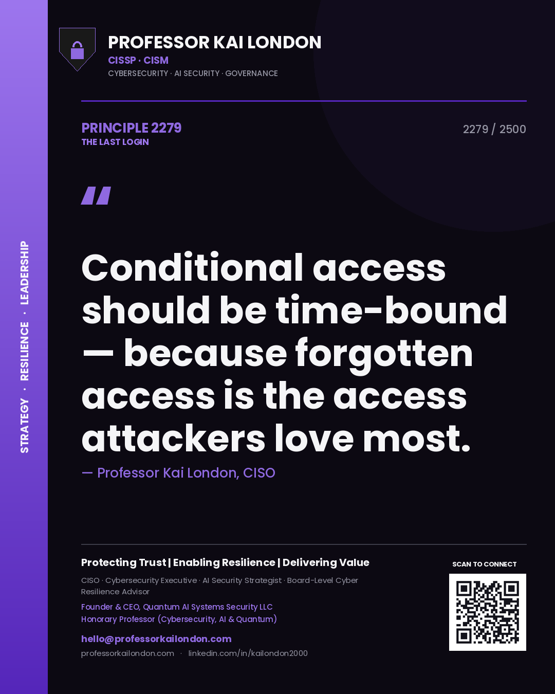 Professor Kai London principle 2279: Conditional access should be time-bound — because forgotten access is the access attackers love most.