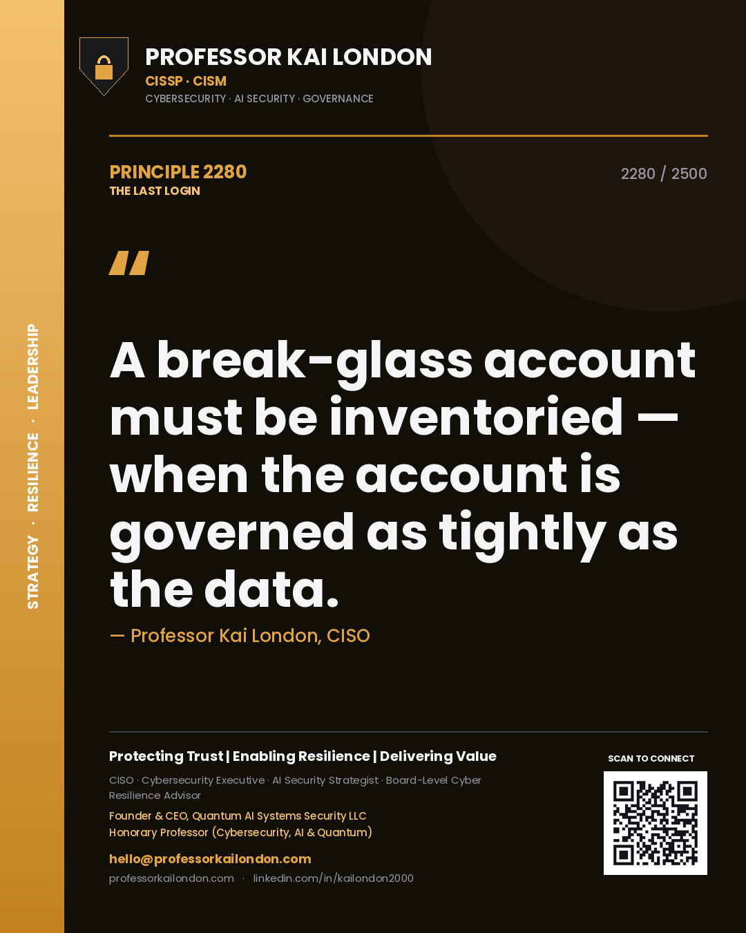 Professor Kai London principle 2280: A break-glass account must be inventoried — when the account is governed as tightly as the data.