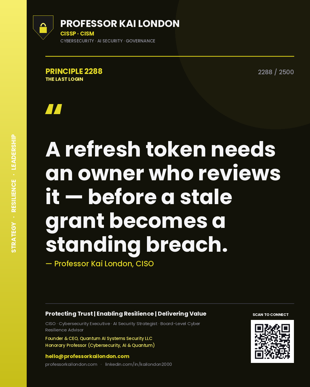 Professor Kai London principle 2288: A refresh token needs an owner who reviews it — before a stale grant becomes a standing breach.