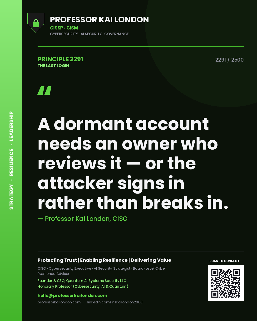 Professor Kai London principle 2291: A dormant account needs an owner who reviews it — or the attacker signs in rather than breaks in.