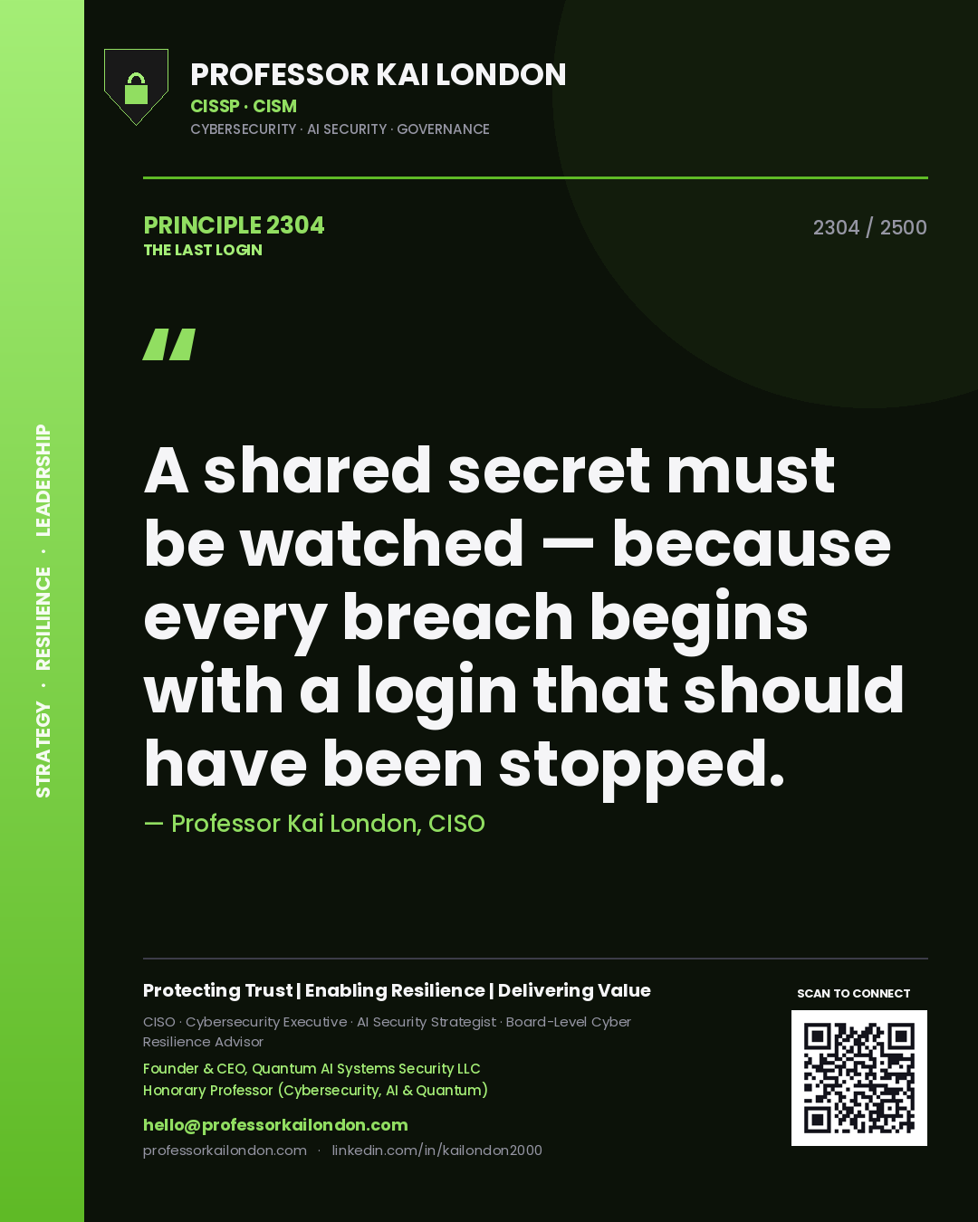 Professor Kai London principle 2304: A shared secret must be watched — because every breach begins with a login that should have been stopped.