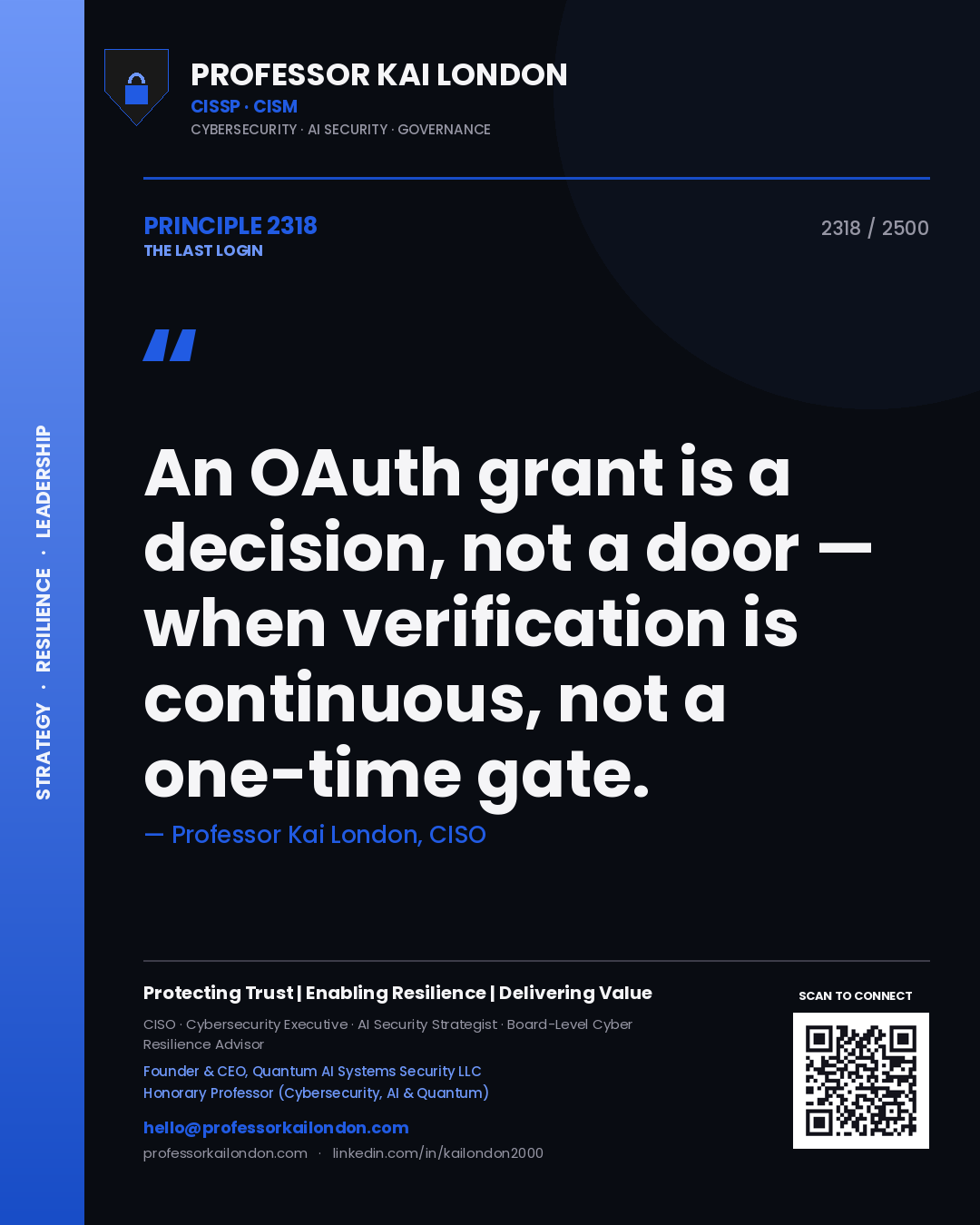 Professor Kai London principle 2318: An OAuth grant is a decision, not a door — when verification is continuous, not a one-time gate.