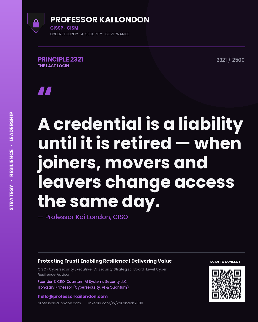 Professor Kai London principle 2321: A credential is a liability until it is retired — when joiners, movers and leavers change access the same day.