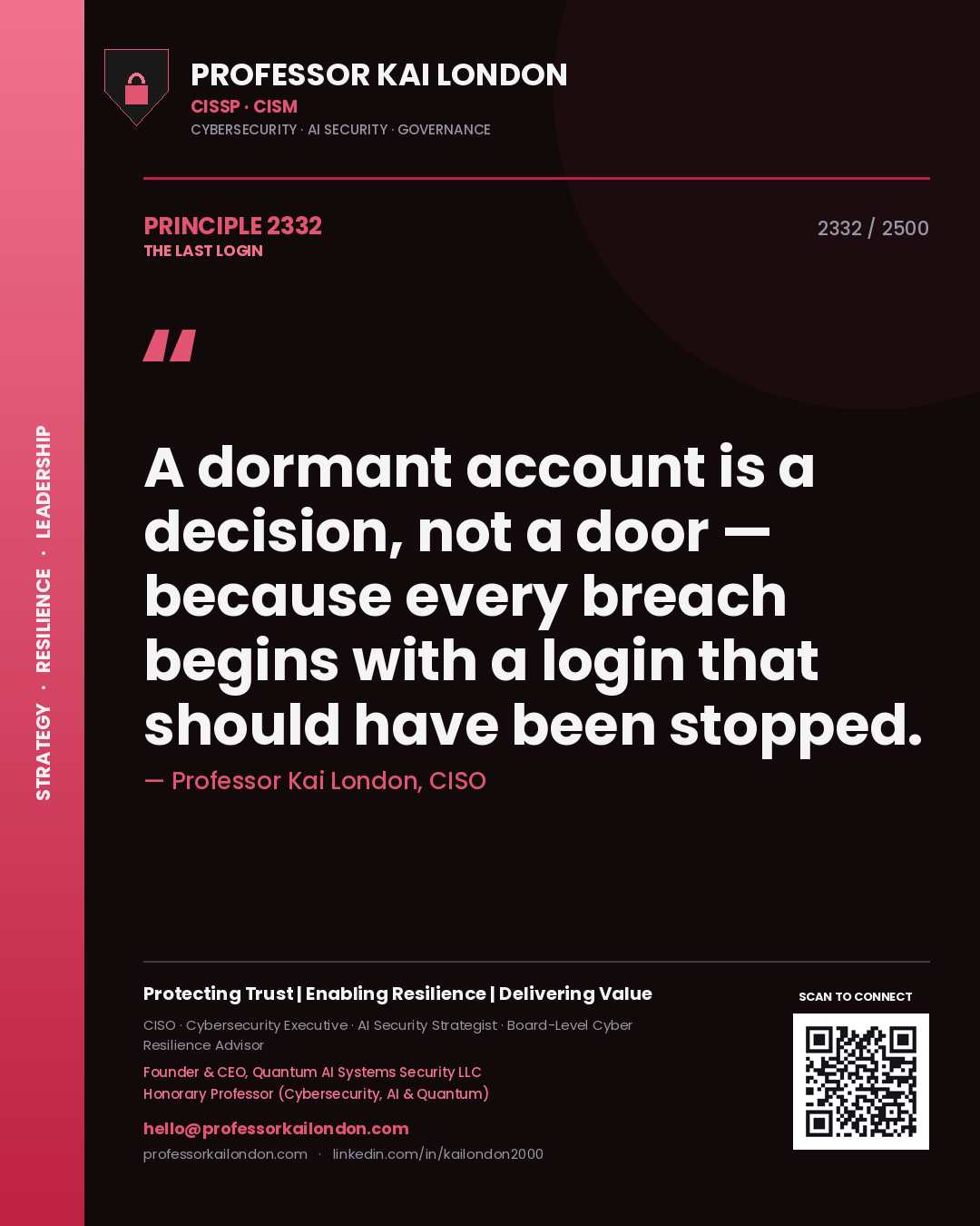 Professor Kai London principle 2332: A dormant account is a decision, not a door — because every breach begins with a login that should have been stopped.