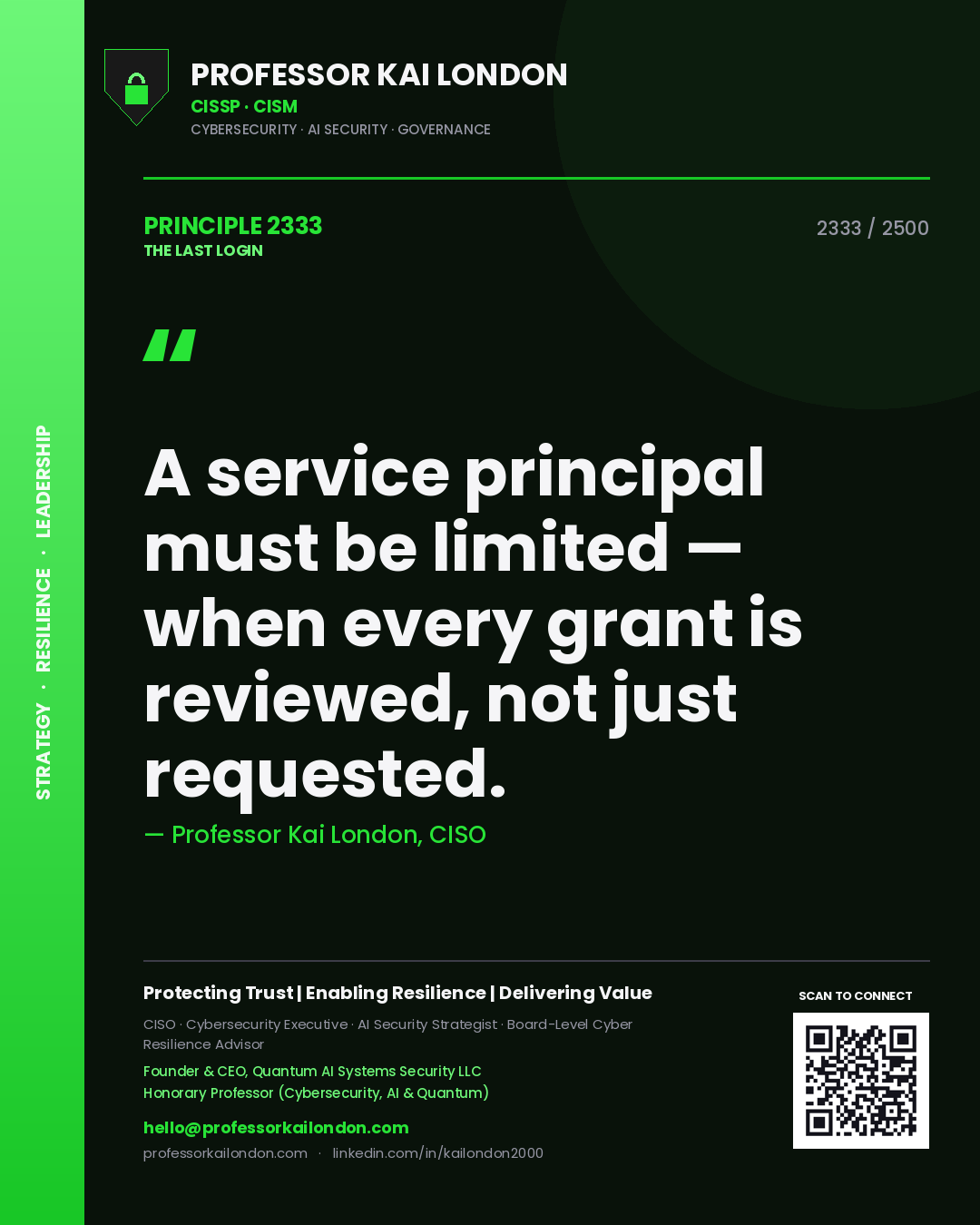 Professor Kai London principle 2333: A service principal must be limited — when every grant is reviewed, not just requested.