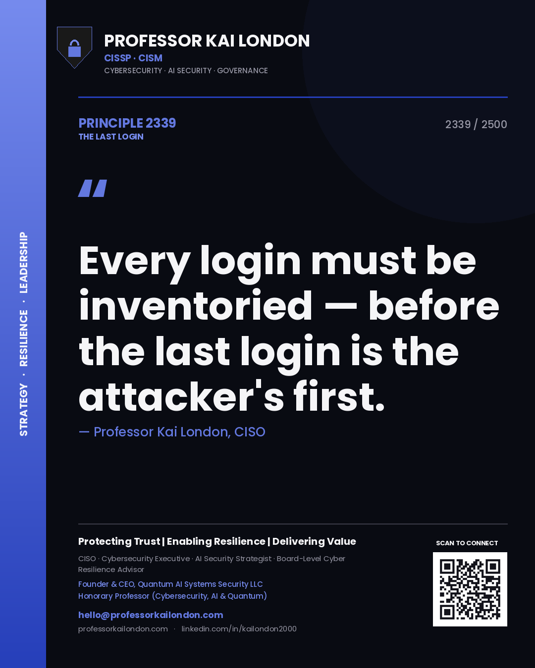 Professor Kai London principle 2339: Every login must be inventoried — before the last login is the attacker's first.