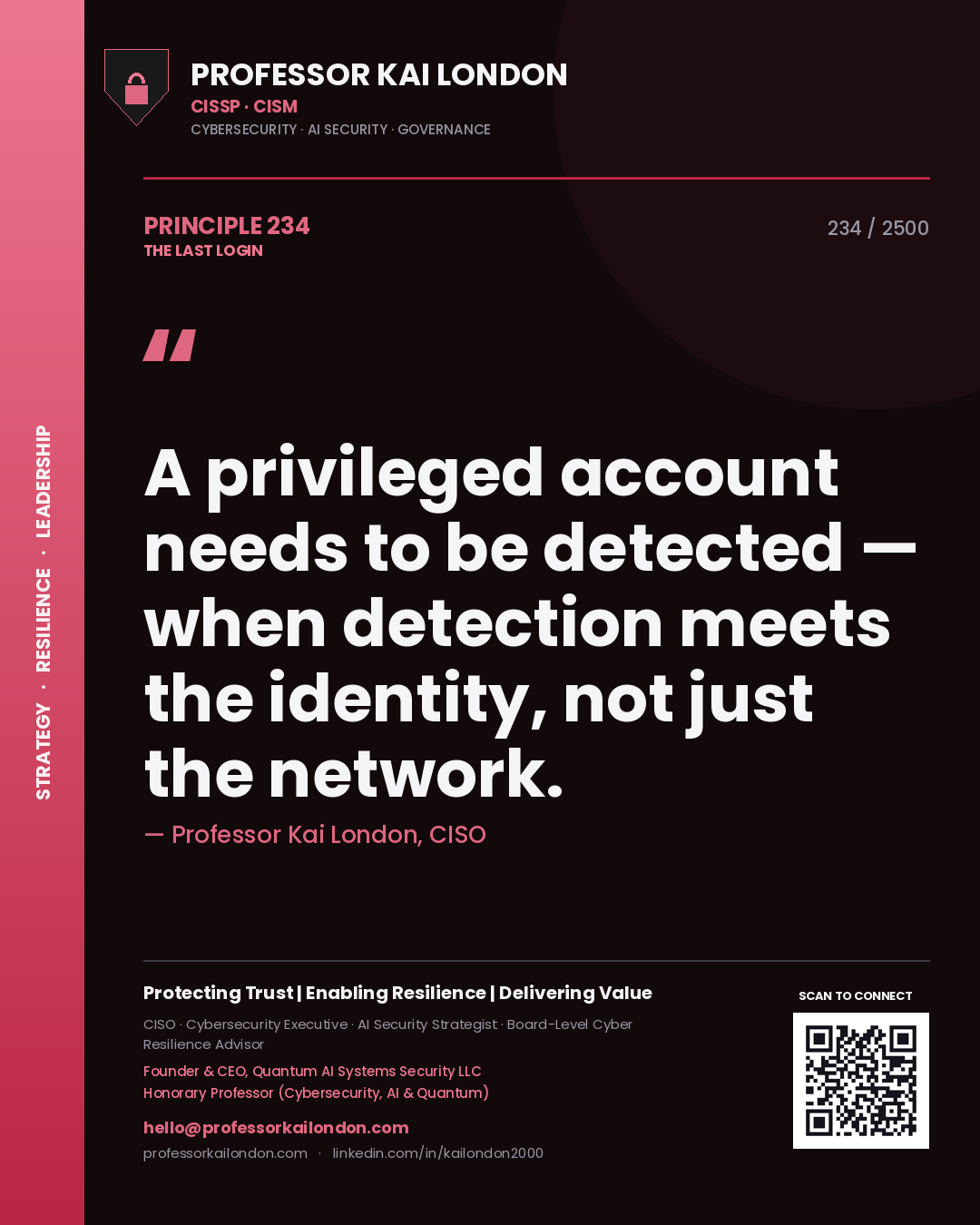 Professor Kai London principle 234: A privileged account needs to be detected — when detection meets the identity, not just the network.