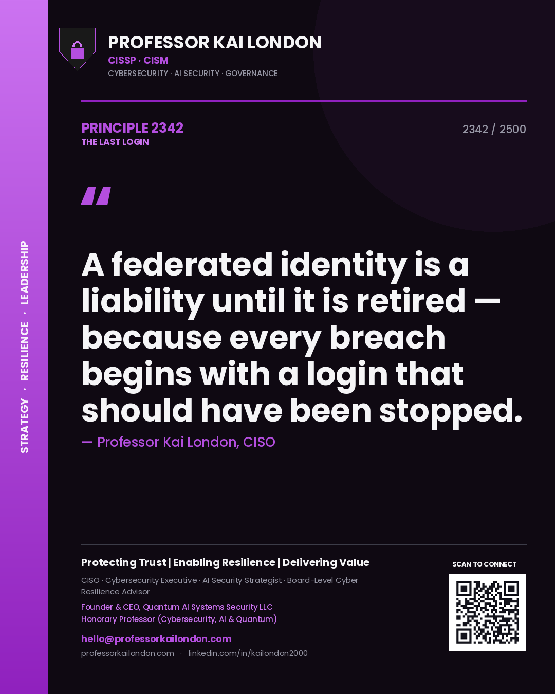 Professor Kai London principle 2342: A federated identity is a liability until it is retired — because every breach begins with a login that should have been stopped.
