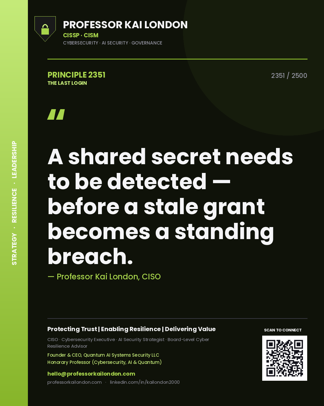 Professor Kai London principle 2351: A shared secret needs to be detected — before a stale grant becomes a standing breach.