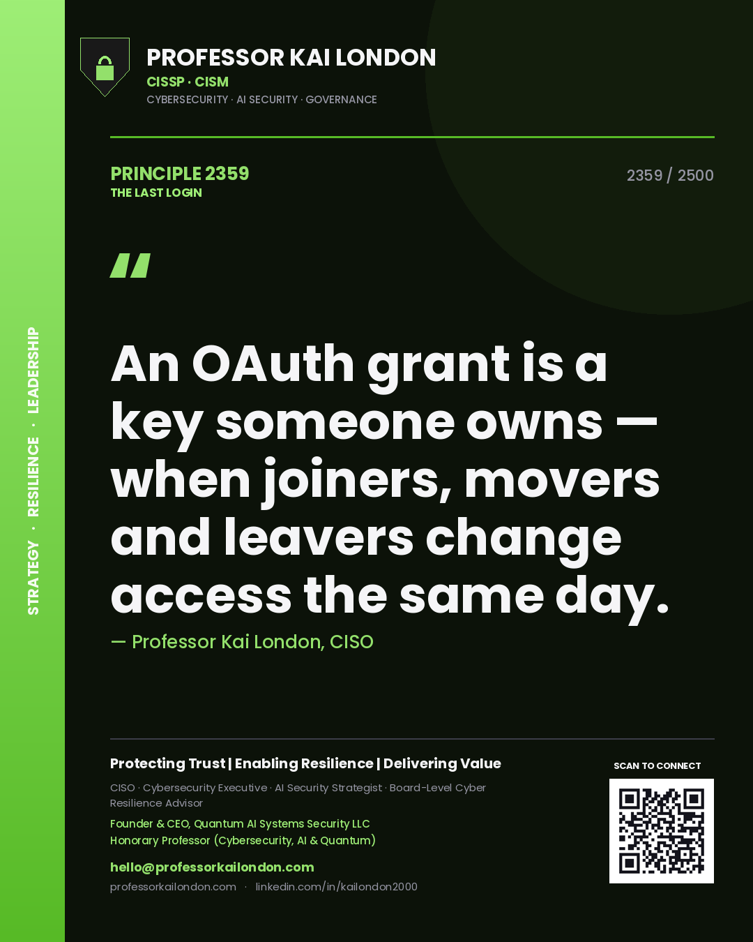 Professor Kai London principle 2359: An OAuth grant is a key someone owns — when joiners, movers and leavers change access the same day.