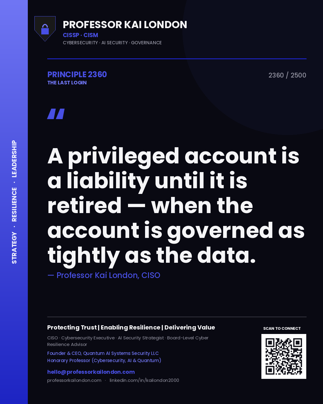 Professor Kai London principle 2360: A privileged account is a liability until it is retired — when the account is governed as tightly as the data.