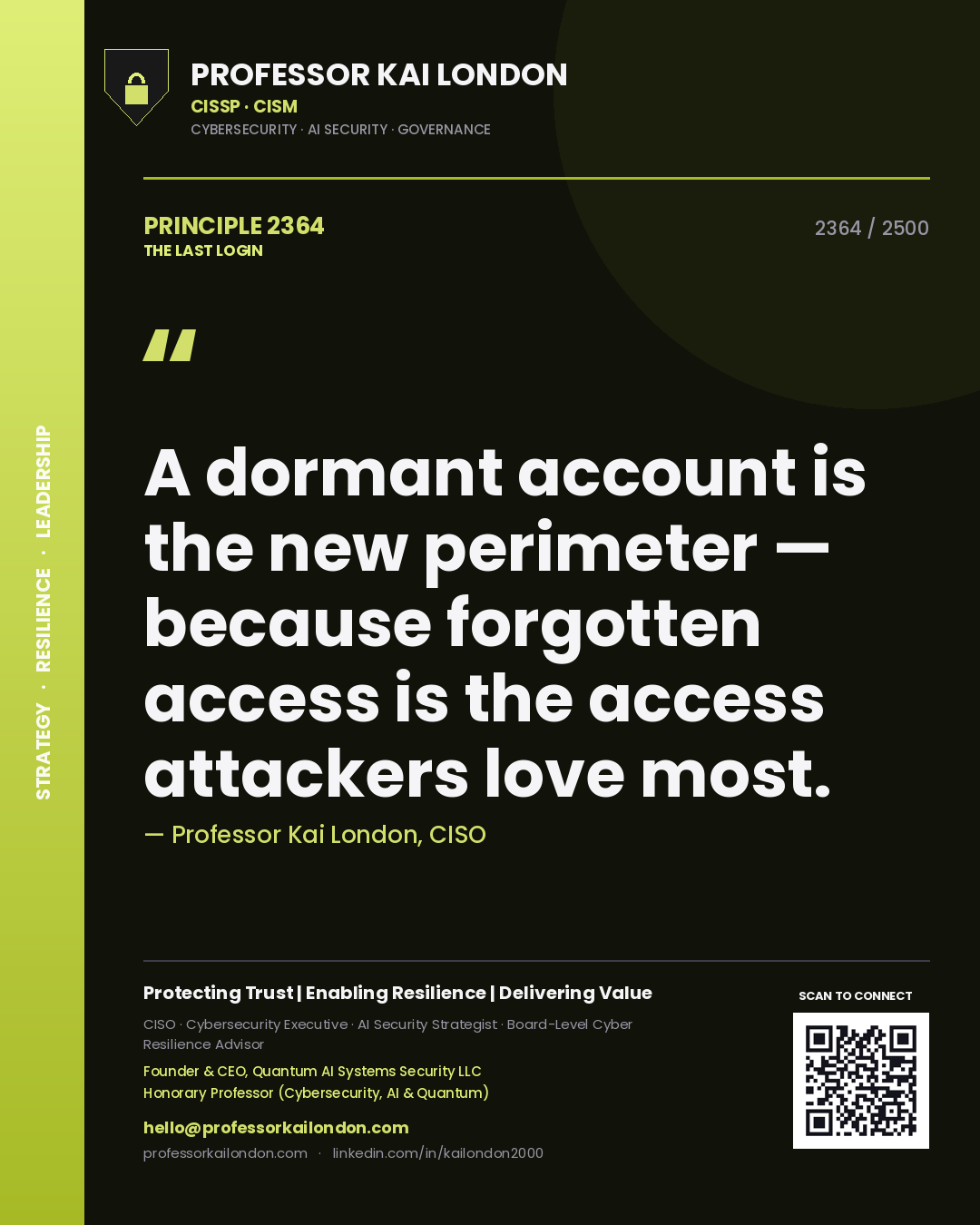 Professor Kai London principle 2364: A dormant account is the new perimeter — because forgotten access is the access attackers love most.