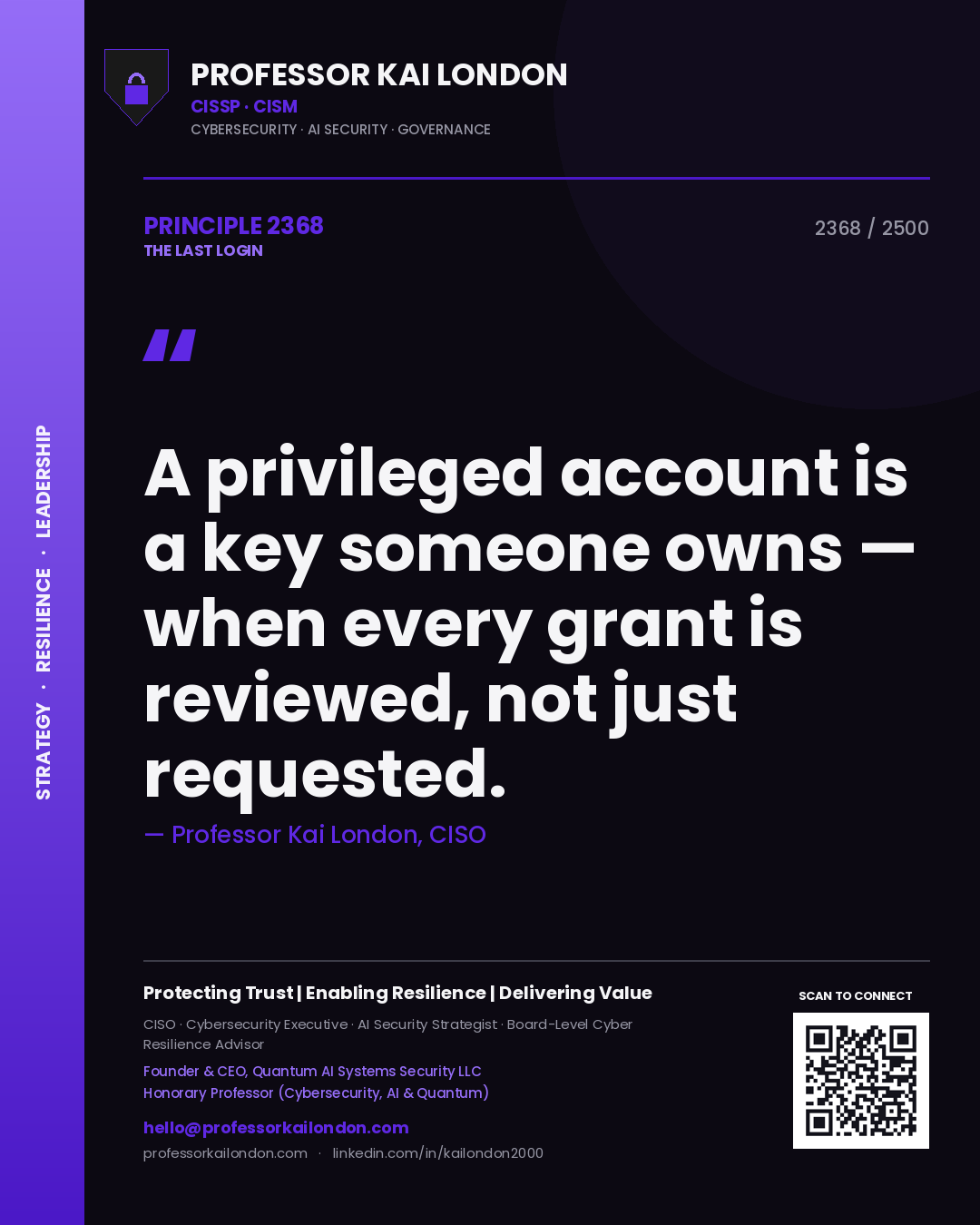 Professor Kai London principle 2368: A privileged account is a key someone owns — when every grant is reviewed, not just requested.