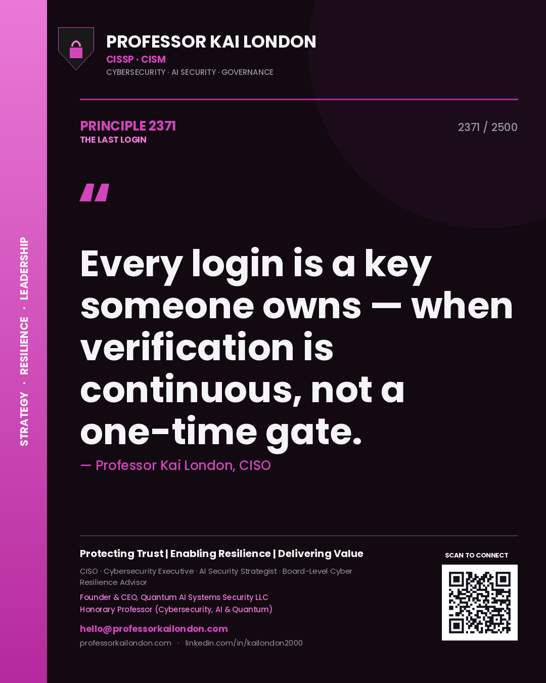 Professor Kai London principle 2371: Every login is a key someone owns — when verification is continuous, not a one-time gate.