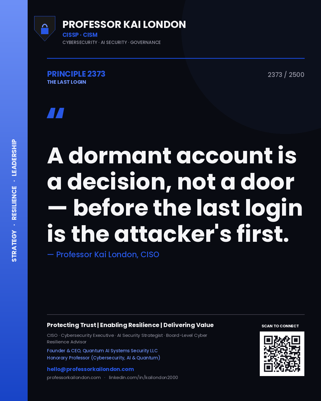 Professor Kai London principle 2373: A dormant account is a decision, not a door — before the last login is the attacker's first.