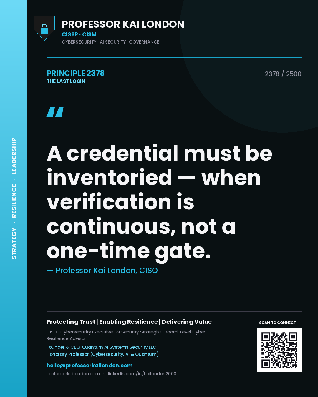 Professor Kai London principle 2378: A credential must be inventoried — when verification is continuous, not a one-time gate.