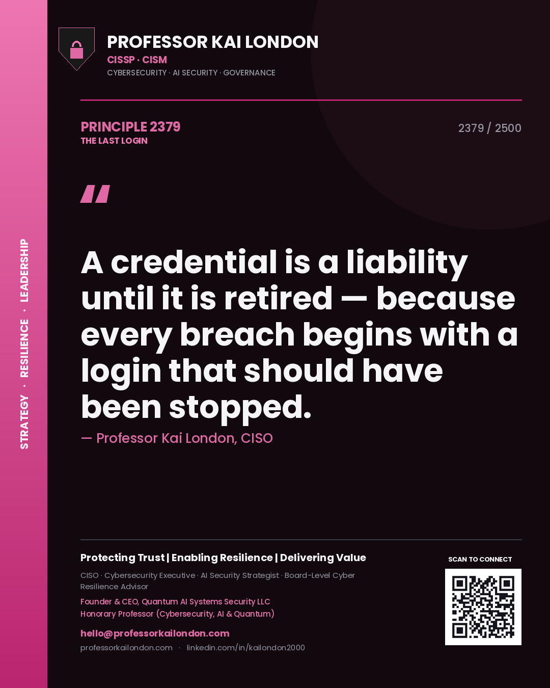 Professor Kai London principle 2379: A credential is a liability until it is retired — because every breach begins with a login that should have been stopped.