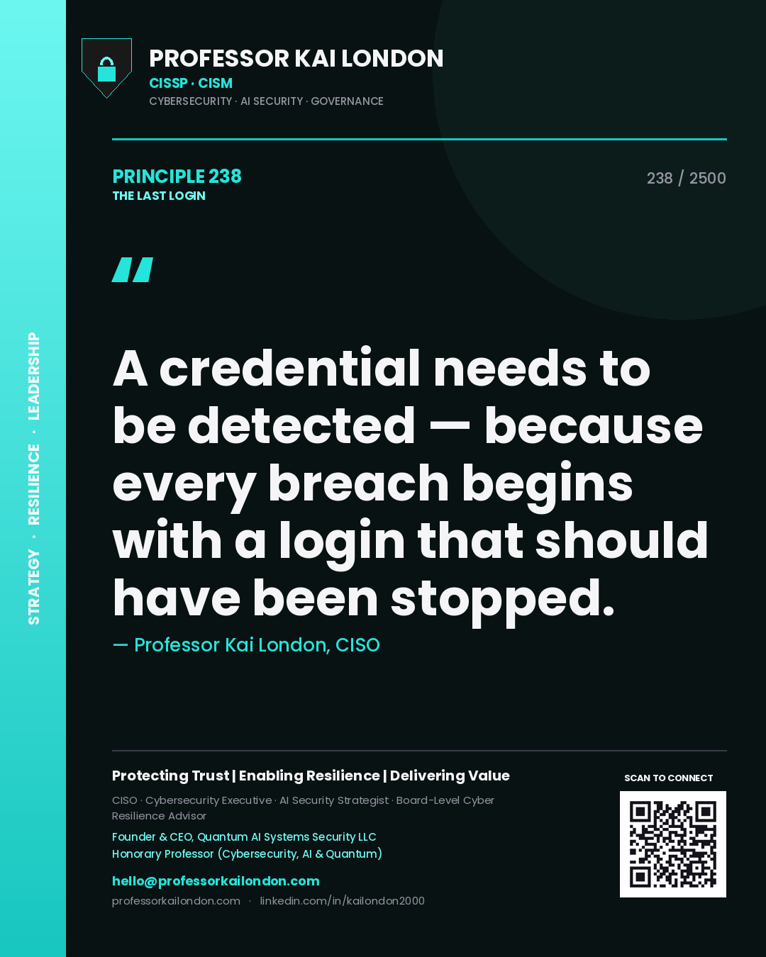 Professor Kai London principle 238: A credential needs to be detected — because every breach begins with a login that should have been stopped.