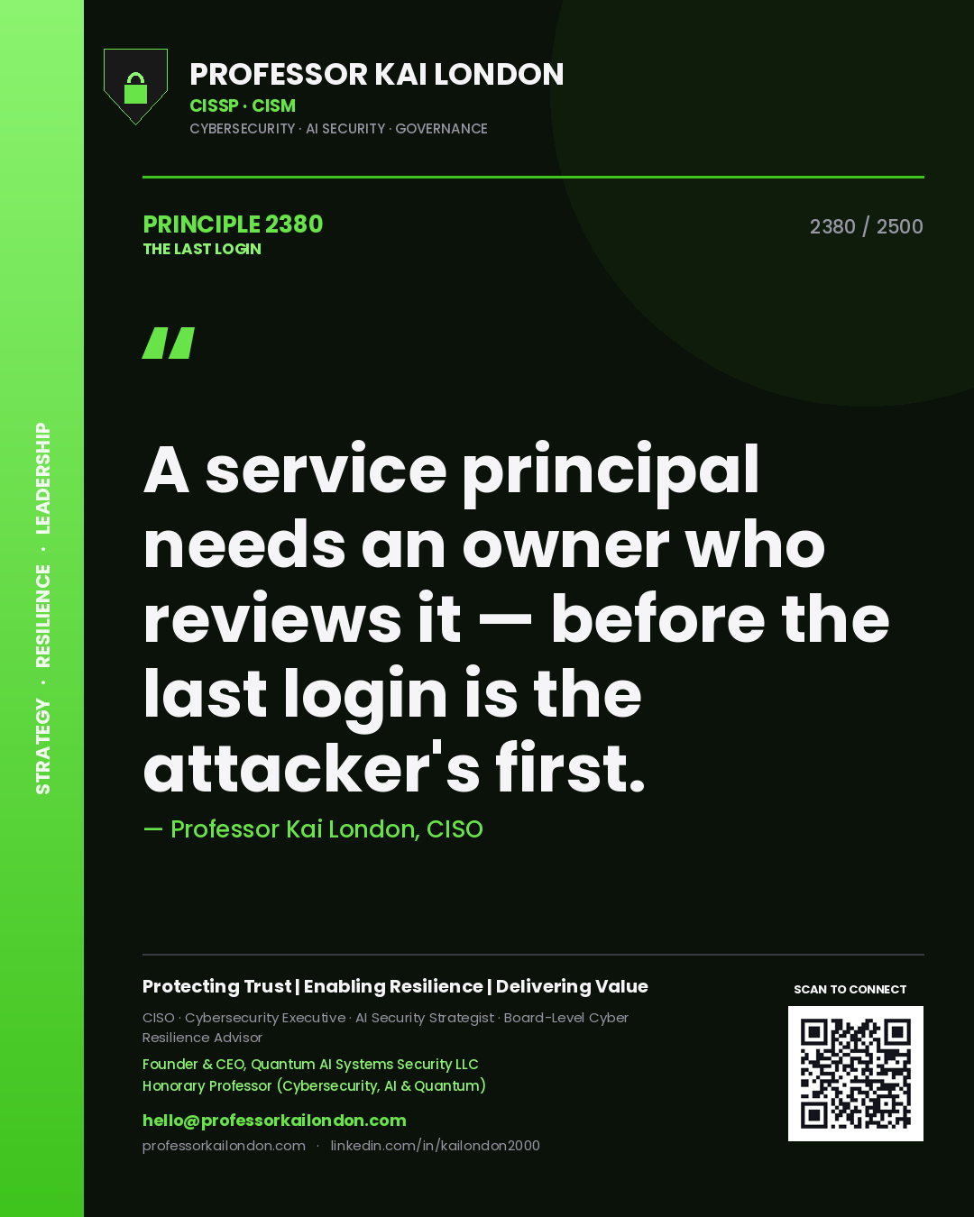 Professor Kai London principle 2380: A service principal needs an owner who reviews it — before the last login is the attacker's first.