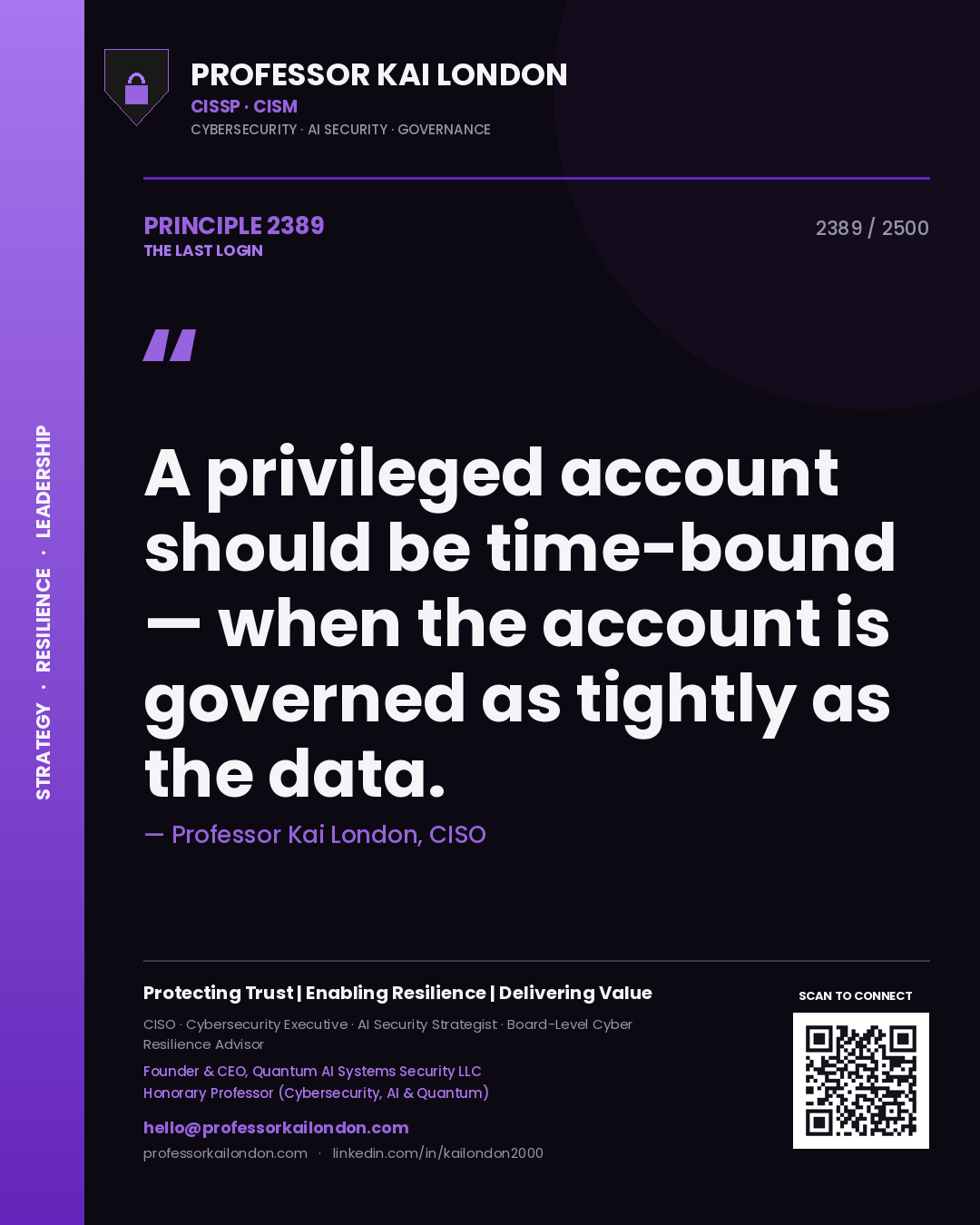 Professor Kai London principle 2389: A privileged account should be time-bound — when the account is governed as tightly as the data.