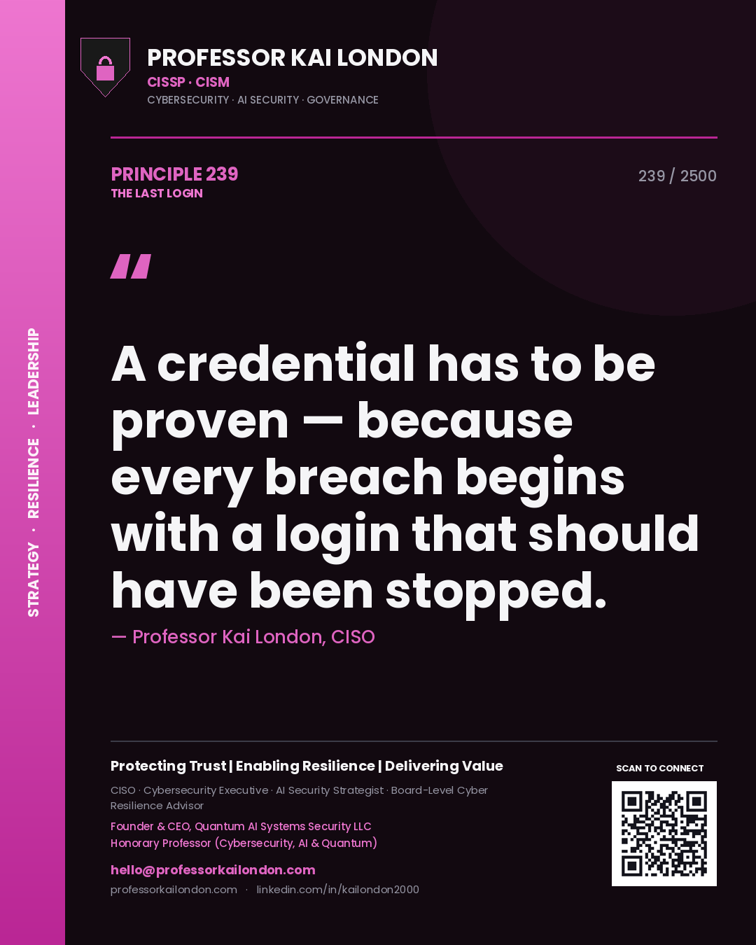 Professor Kai London principle 239: A credential has to be proven — because every breach begins with a login that should have been stopped.