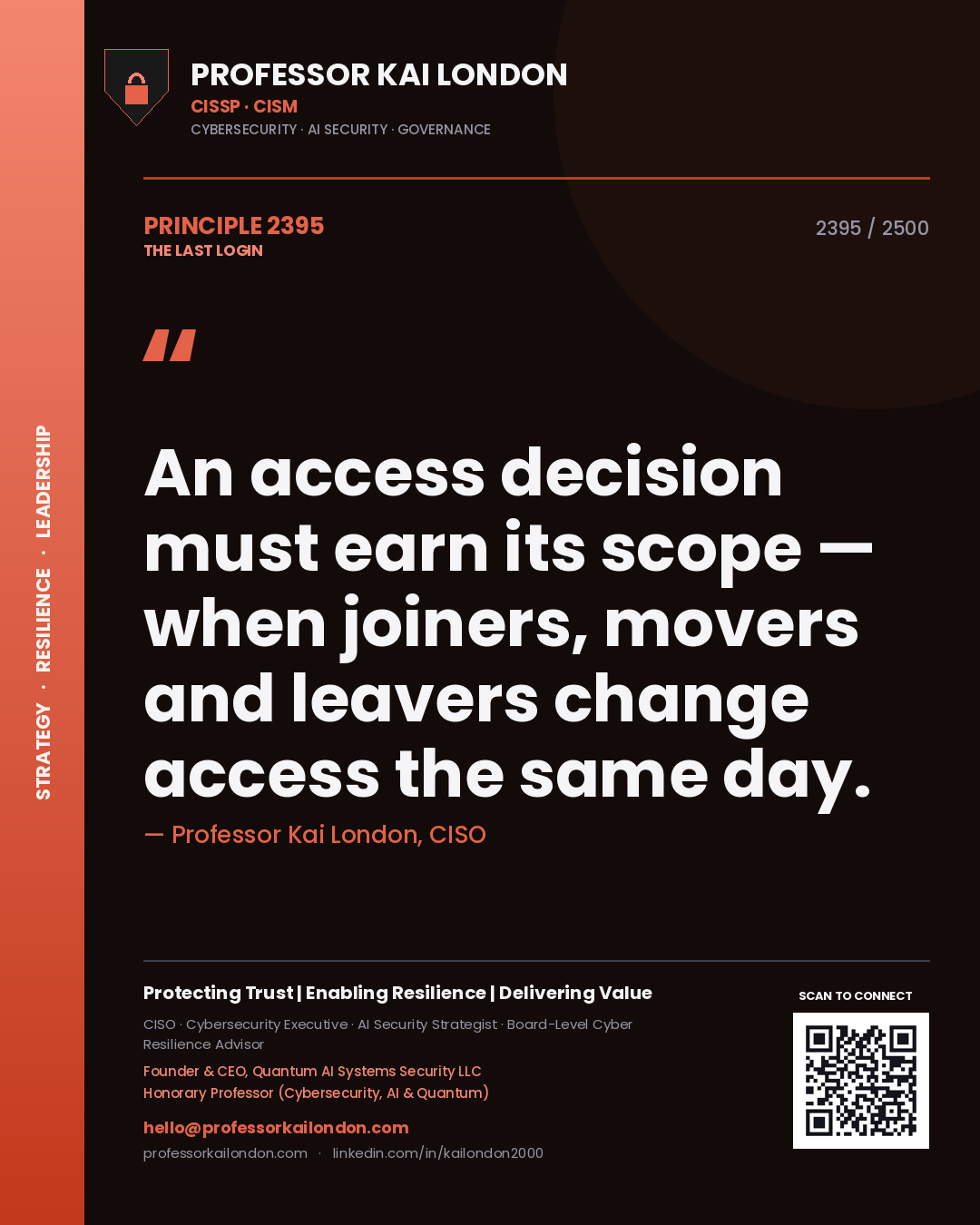 Professor Kai London principle 2395: An access decision must earn its scope — when joiners, movers and leavers change access the same day.