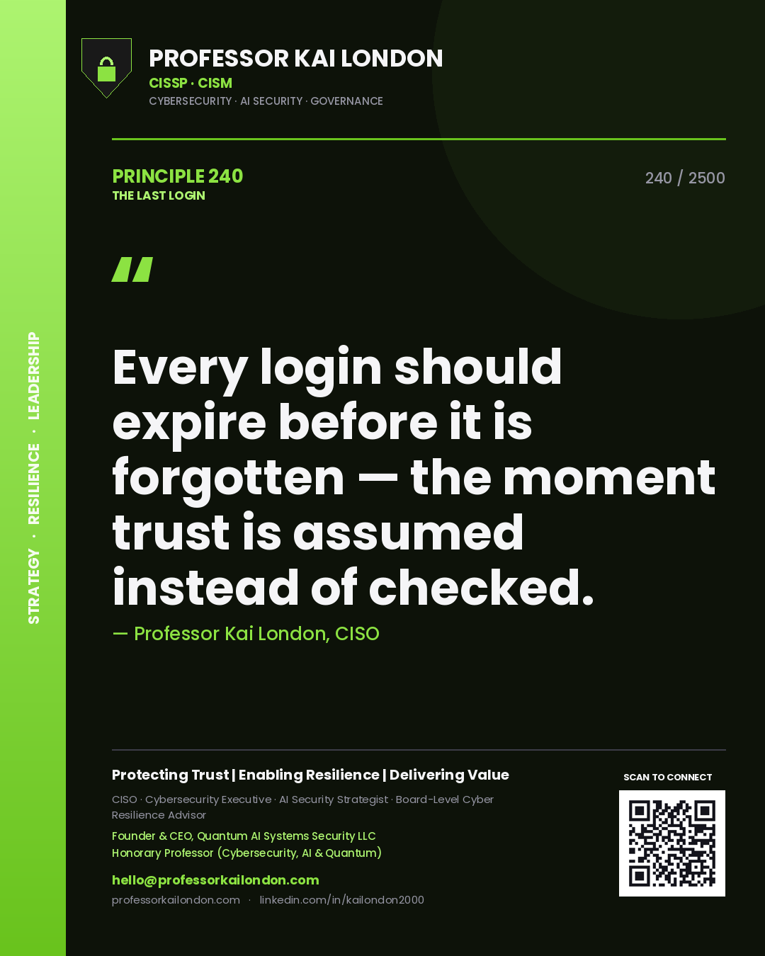 Professor Kai London principle 240: Every login should expire before it is forgotten — the moment trust is assumed instead of checked.