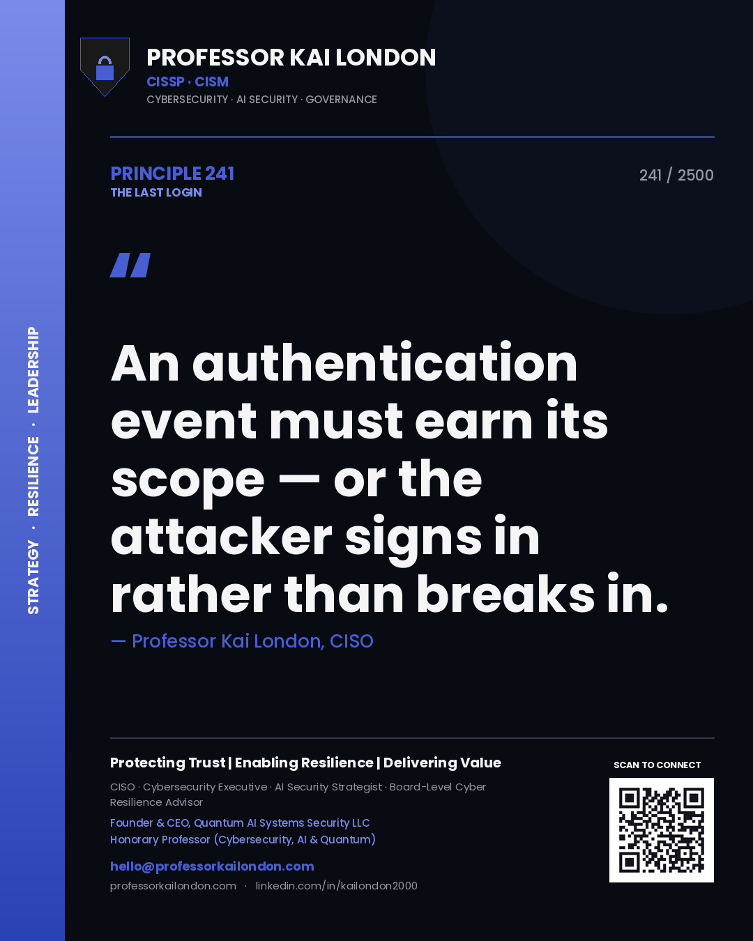 Professor Kai London principle 241: An authentication event must earn its scope — or the attacker signs in rather than breaks in.