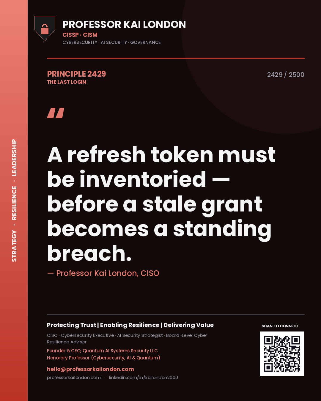 Professor Kai London principle 2429: A refresh token must be inventoried — before a stale grant becomes a standing breach.