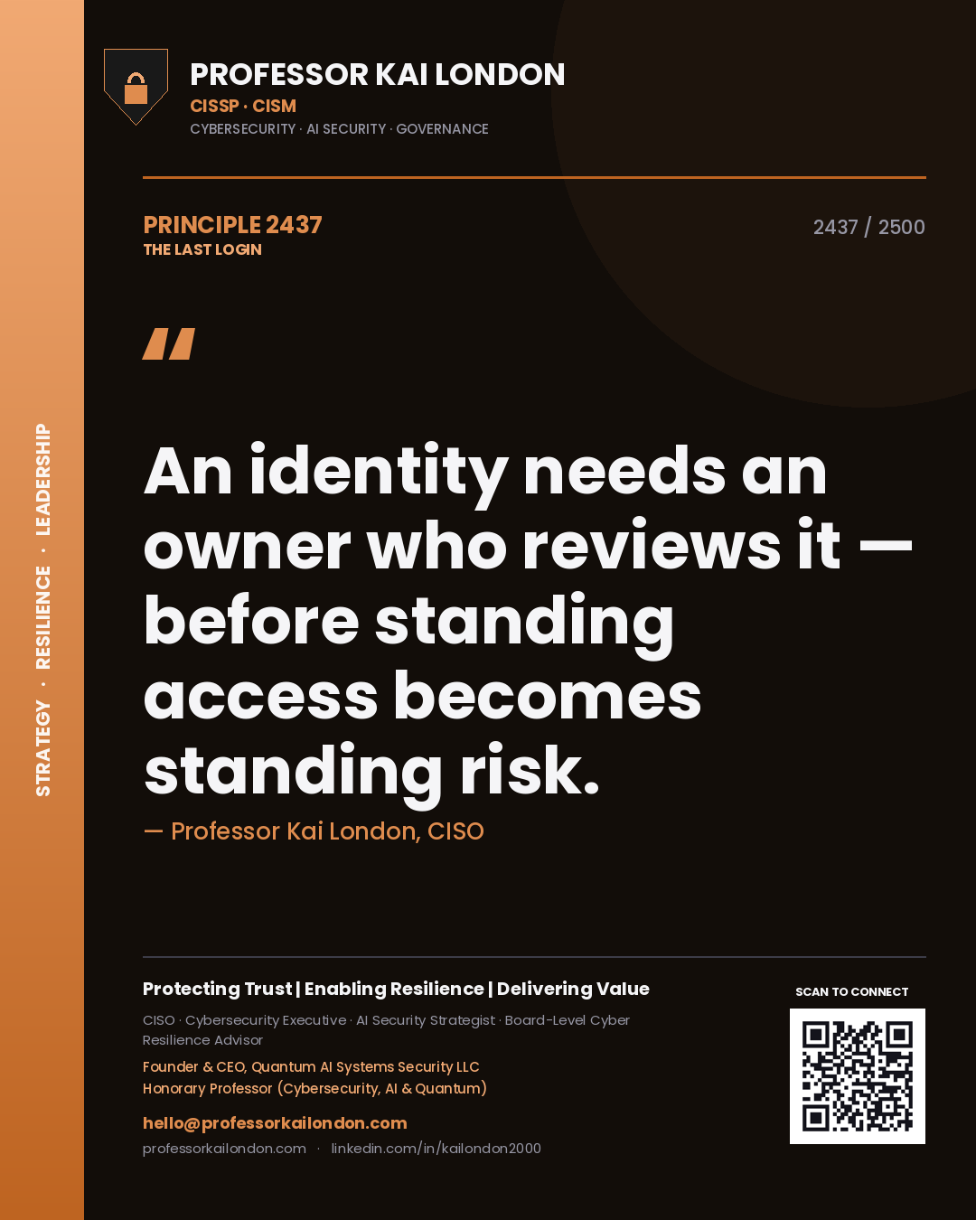 Professor Kai London principle 2437: An identity needs an owner who reviews it — before standing access becomes standing risk.