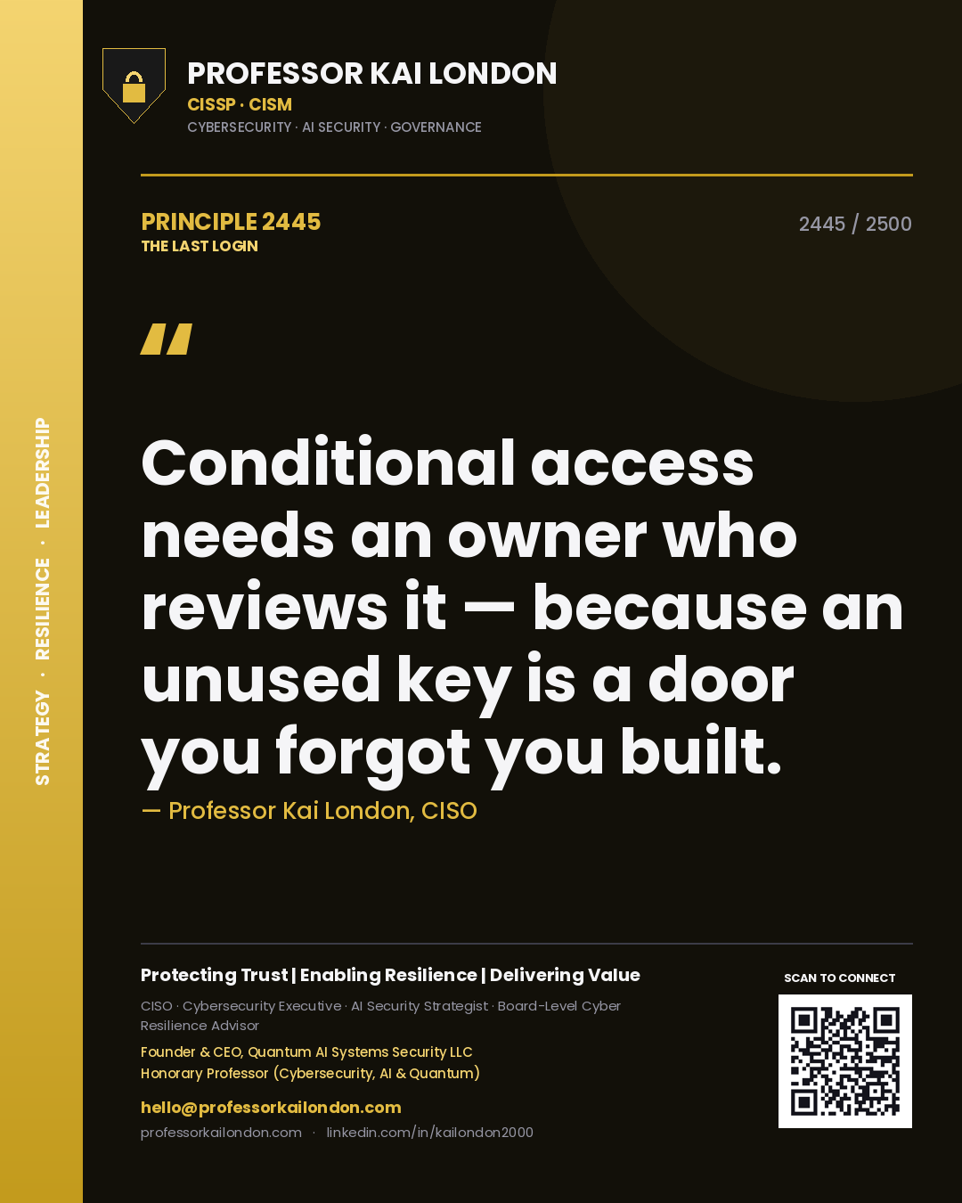 Professor Kai London principle 2445: Conditional access needs an owner who reviews it — because an unused key is a door you forgot you built.