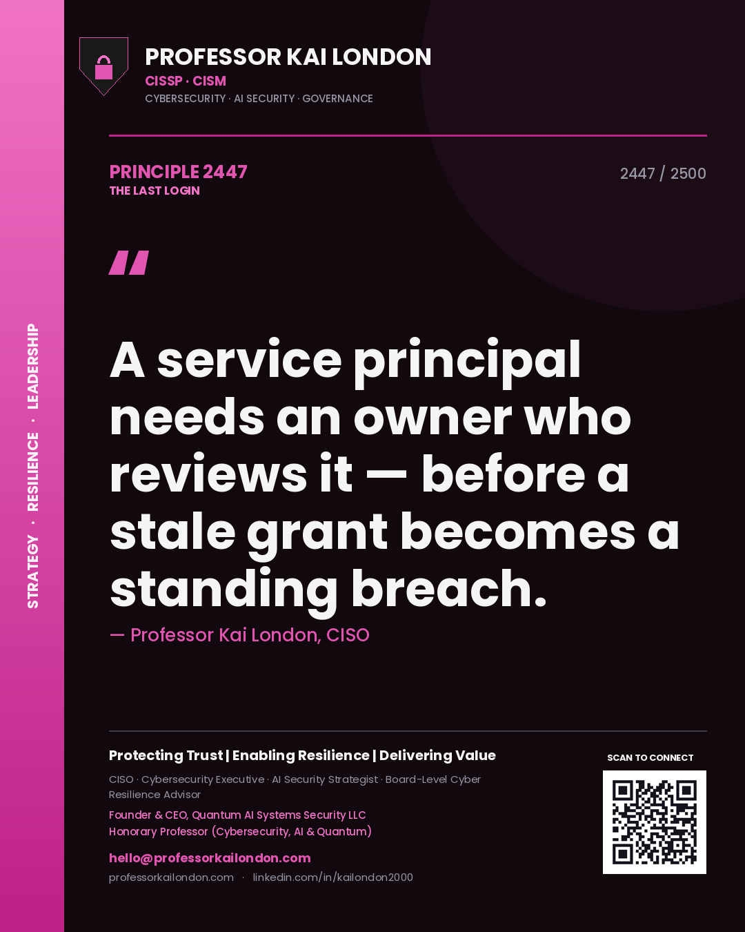 Professor Kai London principle 2447: A service principal needs an owner who reviews it — before a stale grant becomes a standing breach.